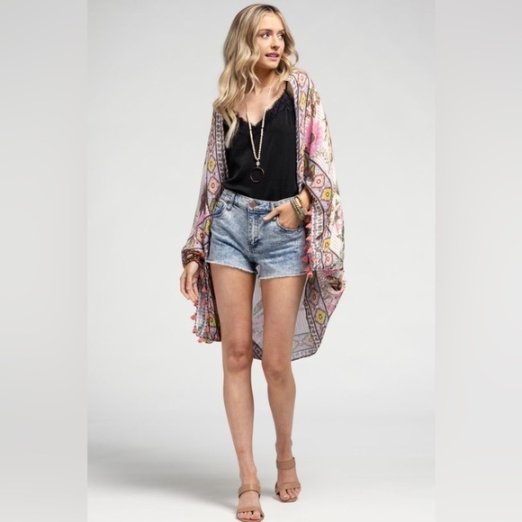 Women's Moroccan Flower Cocoon Kimono with Tassel Accent One Size - Picture 5 of 5
